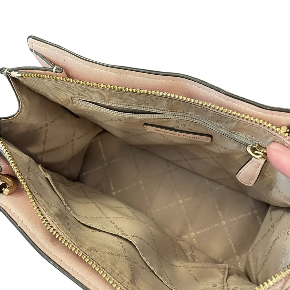 Michael Kors Marilyn Small MK‎ Logo Satchel Purse Bag Brown Blush Pink Designer - Picture 10 of 13